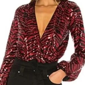 Low Cut Sexy NBD Sequin Red & Black Zebra Print  Bodysuit